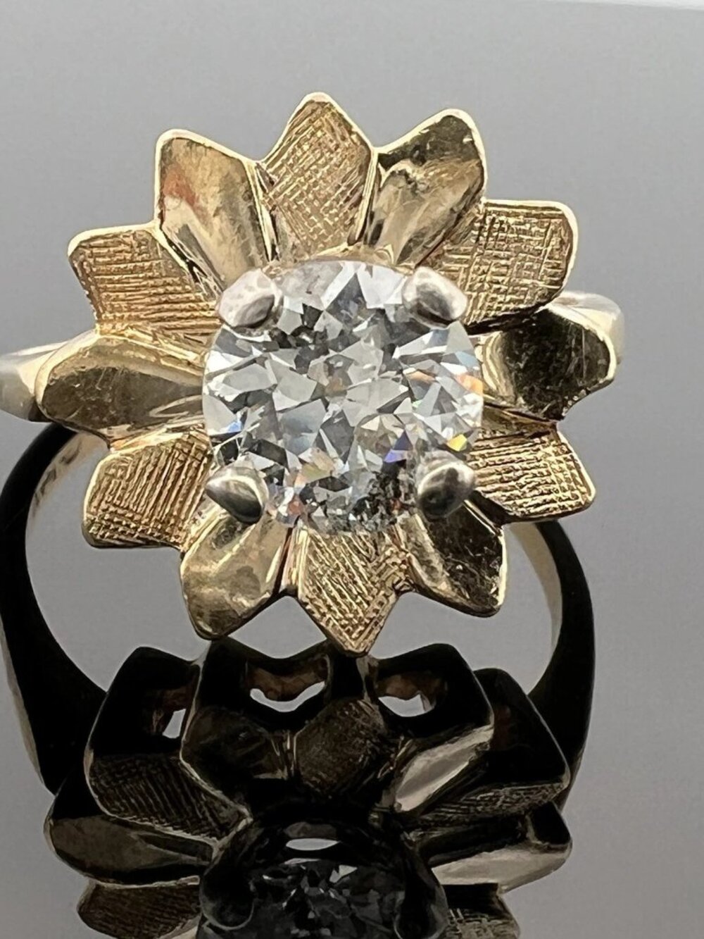 14K Yellow Gold 1.15ct Old European Cut Diamond Flower Ring H I2 Estate Sz 7.5 - Picture 3 of 8